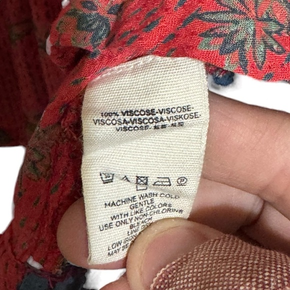 Free People Red and Blue Bell Sleeve Blouse with Tie Front - Picture 4 of 7